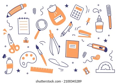 School and office stationery set. Doodle pen, pencil, marker, notebook, ruler and backpack. Vector flat icons of education supplies, scissors, calculator, magnifier and paints