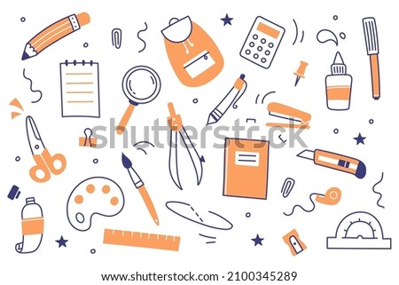 School and office stationery set. Doodle pen, pencil, marker, notebook, ruler and backpack. Vector flat icons of education supplies, scissors, calculator, magnifier and paints