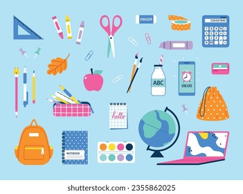 School and office stationery set. Education supplies.Flat vector illustration on blue background