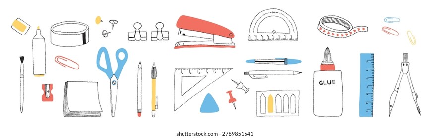 School office stationery set vector illustration. Hand drawn pencil, pen, scissors, stapler and notebook in colorful doodle sketch. Back to school supplies elements, creative workspace concept.