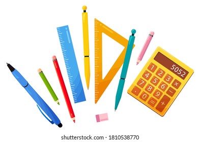 School or office stationery for work and study. Lying on white, top view. Bright objects in flat style. Pens, pencils, rulers, calculator. vector illustration.