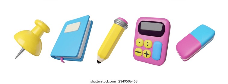 School and office supplies 3d icons vector set. Education concept. Back to school.
