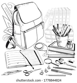 School And Office Supplies. Black And White Sketchy Illustration. Hand Drawn Vector.