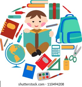 School and office supplies with boy reading a book