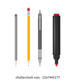 School and office supplies, brush marker and sharpened pencils. Vector illustration colored plastic workspace tools set