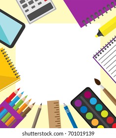 School office supplies with empty paper vector template