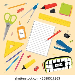 School and Office Supplies Flat Lay on Beige Background,A colorful and detailed flat lay illustration of school and office supplies, including a notebook, pencils, scissors, rulers, stapler, glue