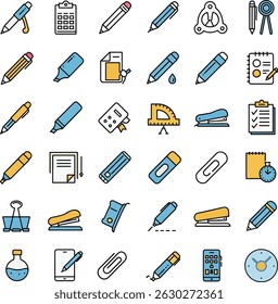 School and Office Supplies Icons set illustration, Essential stationery tools for education, work, and creative projects.