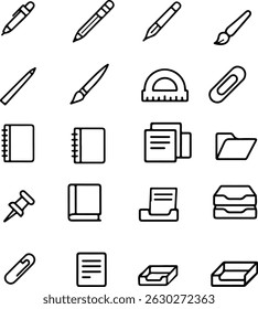 School and Office Supplies Icons set illustration, Essential stationery tools for education, work, and creative projects.
