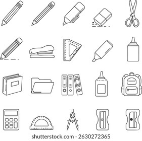 School and Office Supplies Icons set illustration, Essential stationery tools for education, work, and creative projects.