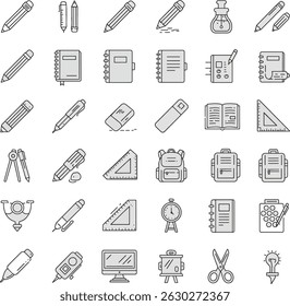 Ícones de material escolar e de escritório ilustram, Ferramentas essenciais de papelaria para educação, trabalho e projetos criativos.