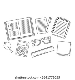 School and office supplies isolated on white background in line art