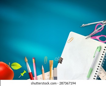 School office supplies on blue background. EPS 10 vector file included