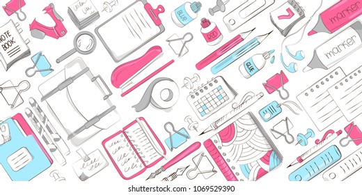 School and office supplies on white background. Background of stationery for graphic design, web banners and printed materials. Vector illustration