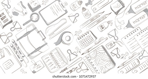 School and office supplies on white background. Background of stationery for graphic design, web banners and printed materials. Vector illustration