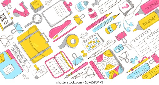 School and office supplies on white background. Background of stationery for graphic design, web banners and printed materials. Vector illustration