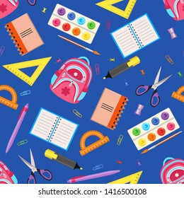 Las escuelas y los suministros de oficina se realizan sin fisuras sobre fondo azul. Herramientas de diseño de fondo. Ilustración vectorial de bolsos escolares, bolígrafos, reglas, cuadernos, marcadores y tijeras en estilo plano de caricatura.