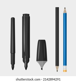 School and office supplies. A set of blacks marker and pencil isolated on a white background. Flat style. Top view. Elements business design. Vector illustration.