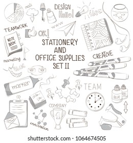 School and office supplies. Stationery set with various office icons for graphic design, web banners and printed materials. Vector illustration on white background