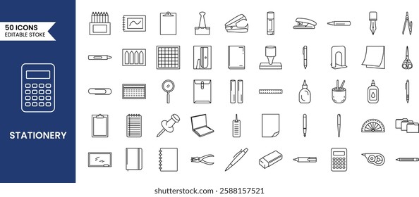 School and office supplies. Stationery set in line style vector illustration