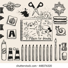 School office supplies top view. Scissors, album, pencils, glue, eraser, brush and smudge. Illustration in vector format