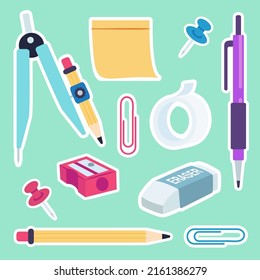 School And Office Supplies Vector Collection Stationery On Green Background Such As Compass, Note Paper, Pin, Pen, Pencil, Masking Tape, Clip, Sharpener, Eraser