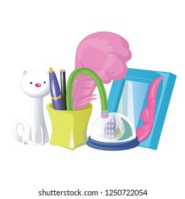 School and office supplies vector set with colorful items and souvenirs collection on a white background. Vector illustration