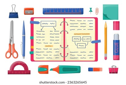 Schulheft oder Büroheft mit bunten Schreibwaren. Zurück zu Schule und Bildung Konzept. Tools für Kinder, Schüler, Studenten. Set items for design, Educational Study Promotion Ads, Social Media