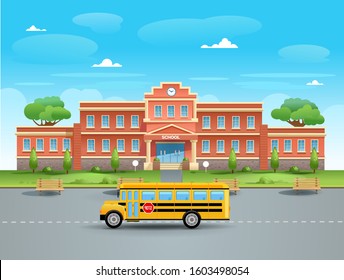 School on a summer day with a green lawn and two trees. A school yellow bus is standing in front of the school on an asphalt road. Blue sky with clouds over the school. Vector illustration