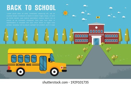 School on a summer day with a green lawn and two trees. A school yellow bus is standing in front of the school on an asphalt road. Blue sky with clouds over the school. Vector illustration