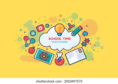 School online educational course banner vector. Distance education, internet studying and training. Chemistry and physics, literature and mathematics lesson. Study time flat cartoon illustration