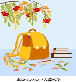 School orange backpack with books, pencils with autumn branch of Rowan. Vector Illustrator