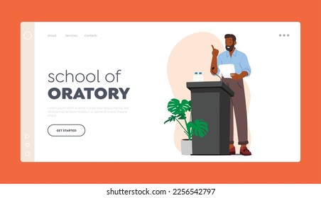 School of Oratory Landing Page Template. African Speaker Male Character Reporting or Announcing during Press Conference, Debates or Briefing. Black Man Speaking on Tribune. Cartoon Vector Illustration