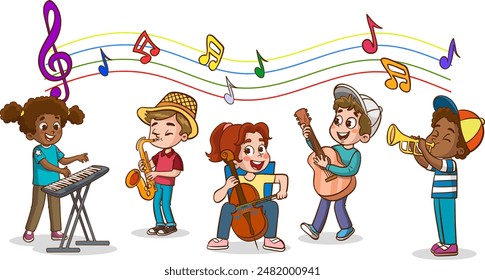 School Orchestra Children Playing Various Musical Instruments. Kids Together in Classroom. Boy with Saxophone. Happy Young Performance. Cartoon Illustration