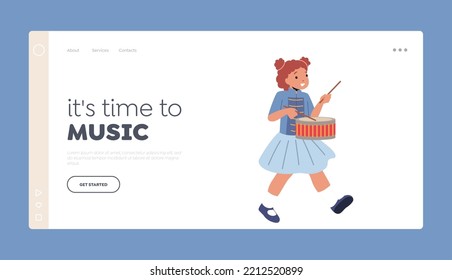 School Orchestra Landing Page Template. Victory Parade Celebration, Musician Girl Character Walking with March Playing Drum. Playing Musical Instrument. Cartoon People Vector Illustration