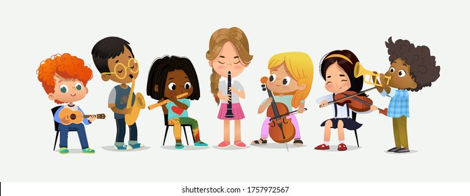 School Orchestra Play Various Music Instrument. Children Together in Classroom. Boy with Saxophone. Happy Teenage Performance. Grand Party Education Flat Cartoon  Illustration