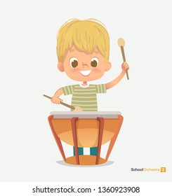 School Orchestra Smile Boy Play tympani drums, Beats Drum Sticks. Creative Music Sound. Jazz Festival Performance. Classroom Teenage Education. Green T-shirt Pattern Flat Cartoon Vector Illustration