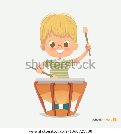 School Orchestra Smile Boy Play tympani drums, Beats Drum Sticks. Creative Music Sound. Jazz Festival Performance. Classroom Teenage Education. Green T-shirt Pattern Flat Cartoon Vector Illustration