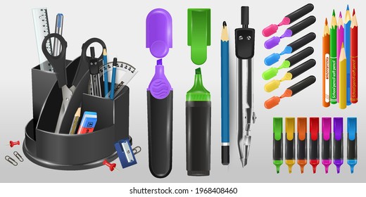 school organizer with scissors, pencils and markers. Colorful pencil case on white background. School supplies cartoon illustration. Flat icon design. Isolated objects.