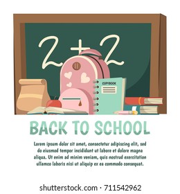 School orthogonal background with back to school headline and chalkboard pink backpack vector illustration