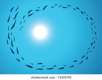 A school ou shoal of fish, from below, with the sun above. Editable vector illustration