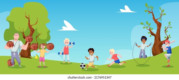 School outdoor PE lesson on sports ground, flat cartoon vector illustration. Children with teacher doing sports exercises at a physical education lesson.