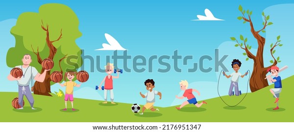 School outdoor PE lesson on\
sports ground, flat cartoon vector illustration. Children with\
teacher doing sports exercises at a physical education\
lesson.