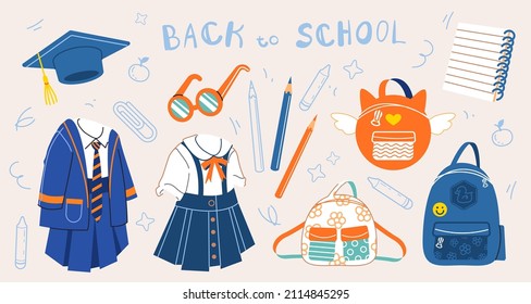 Schulausstattung. Kinderbilder und Symbole im Cartoon-Stil. Cute Vektorgrafiken von Uniform, Rucksack, Notebook, Kleidung, Brille und mehr. Zurück zur Schule, zum Schulkonzept