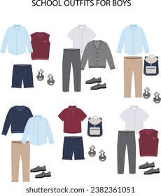 School outfits for schoolboy, teenager, student. Essential Boy's Clothes. Shirt, t shirt, trousers, jacket, pullover. School uniform. Vector illustration. Set on white background.