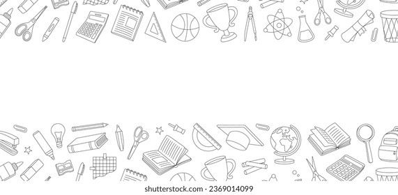 School outline banner. Back to school. Trophy, diploma, notebook, microscope, tube, pencil, eraser, schoolbag, globe, scissors, calculator.