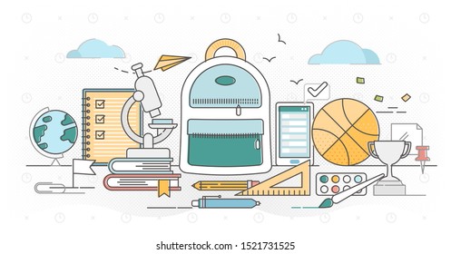 School outline concept vector illustration. Primary school basic knowledge learning in elementary grade study fields. Pupils bag with objects for class or home work. Kids education and growing skills.