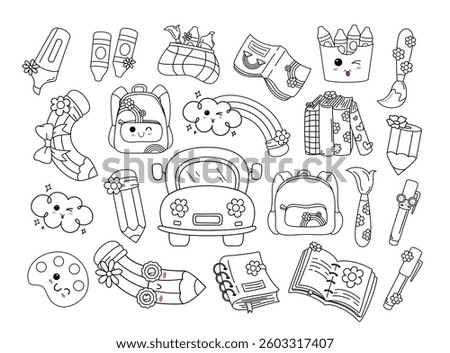 School outline elements clipart set. Educational supplies elements like bag, pencil, book, school bus, highlighter, crayons and brush clip art collection with flower in hand drawn and drawing symbol 
