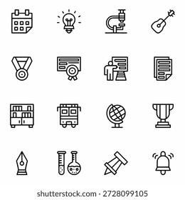 School Outline Icon Set with Education and Learning Symbols