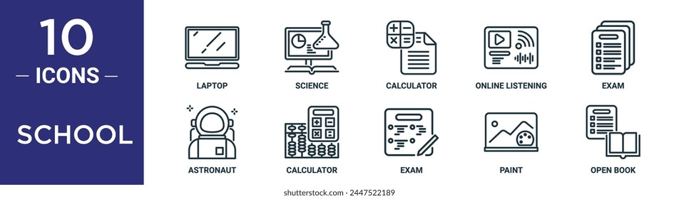 school outline icon set includes thin line laptop, science, calculator, online listening, exam, astronaut, calculator icons for report, presentation, diagram, web design